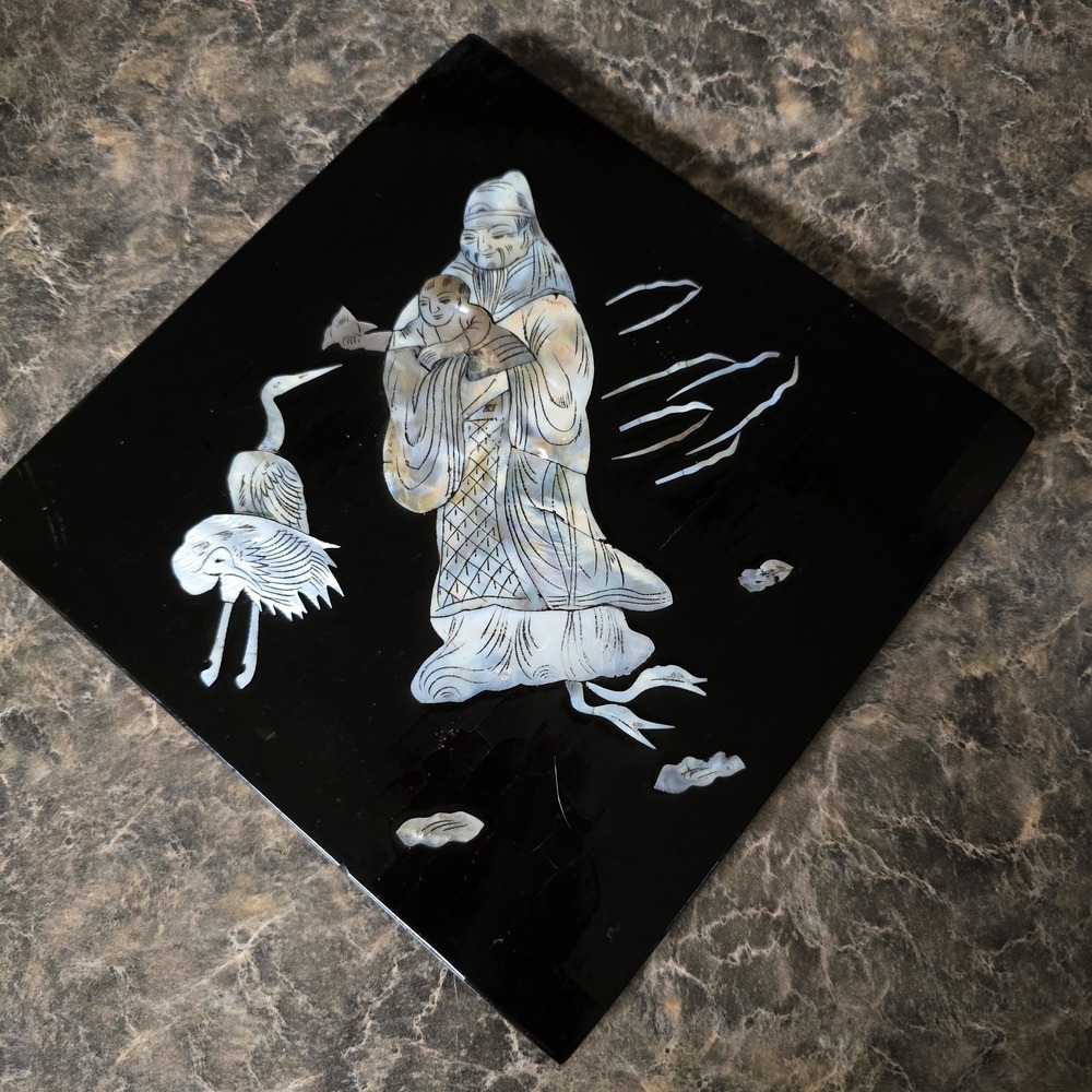 Vintage Oriental Mother‎ of Pearl Black Lacquer Wall Art Tile